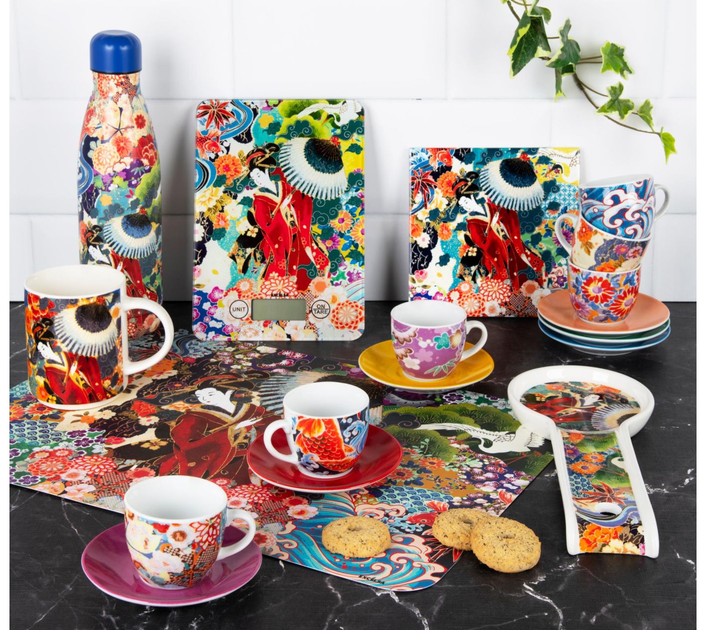 Set De 6 Tasses à Café Avec Soucoupes EXCELSA - Motif Cactus Multicolore - Porcelaine - Lave-vaisselle Et Micro-ondes - 10