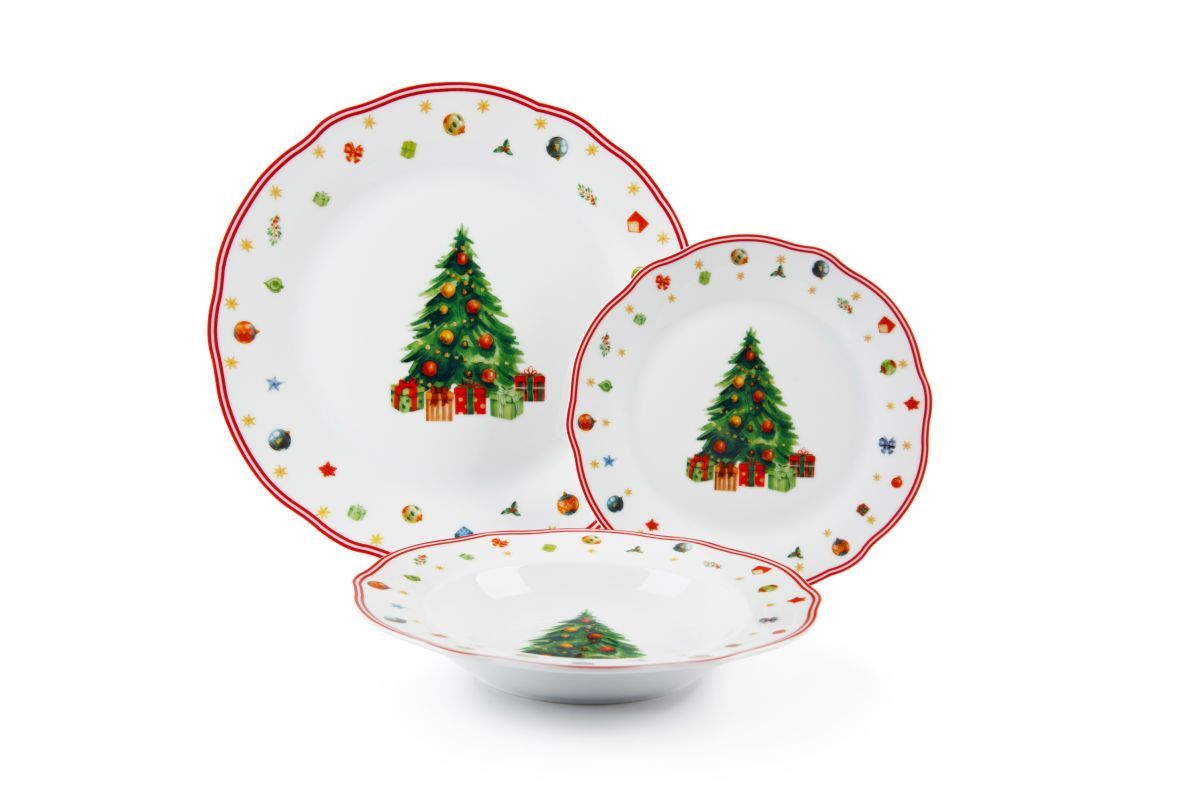 Piatti Natale 6 Persone Servizio Piatti Natale Omniacasa 18 Pezzi - Porcellana Decorata, Lavastoviglie E Microonde Piatti Alberi Natale