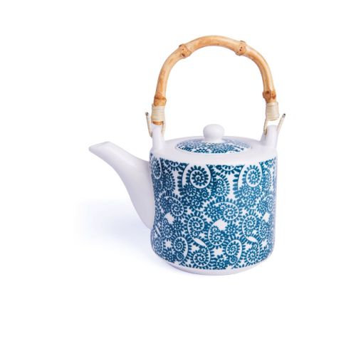 Teiera, stile orientale, porcellana con manico in bambù