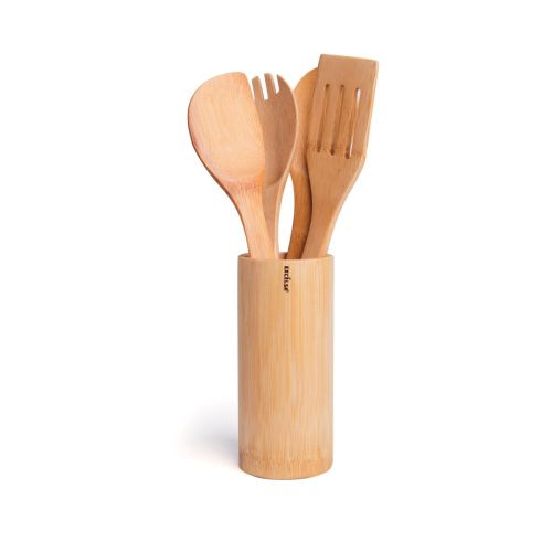 Set 4 utensili da cucina con portautensili, bambù