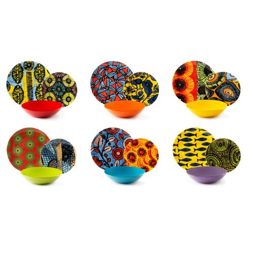 Servizio piatti, multicolore, stile africano, 18 pezzi