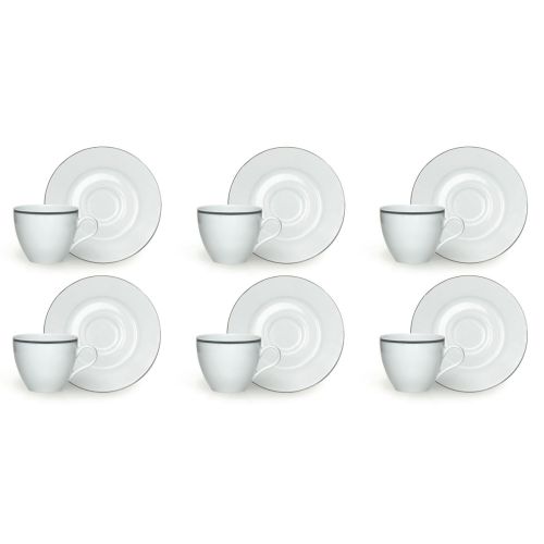 Set 6 tazzine con piattino, bianco, porcellana, bordo silver