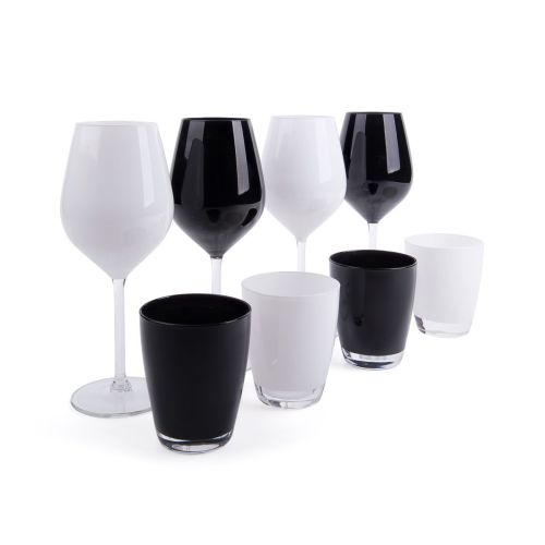 Calici vino e bicchieri, 8 pezzi, vetro, bianco e nero