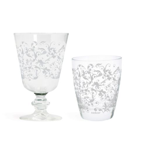 Calici e bicchieri, 12 pezzi, vetro trasparente, fregi