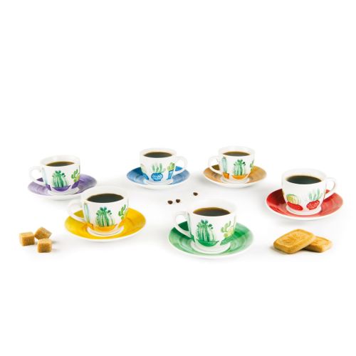 Set 6 tazzine con piattino, cactus, porcellana, 90 ml