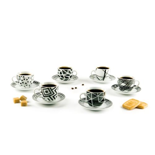 Set 6 tazzine con piattino, bianco/nero, porcellana, 90 ml