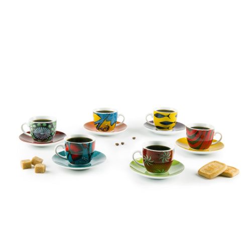 Set 6 tazzine con piattino, africano, porcellana, 90 ml