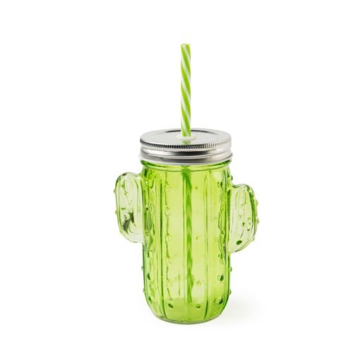 Mug con cannuccia, vetro, cactus, verde