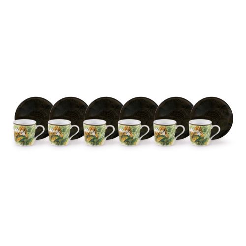 Set 6 tazzine con piattino jungle, leopardi e felci, 90 ml