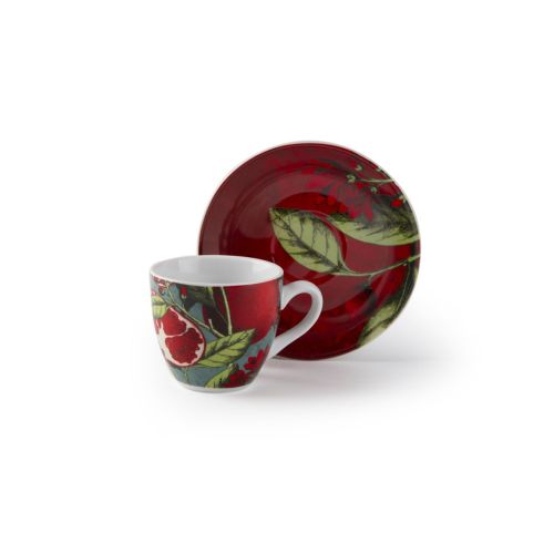Set 6 tazzine con piattino, melograni, porcellana, 90 ml