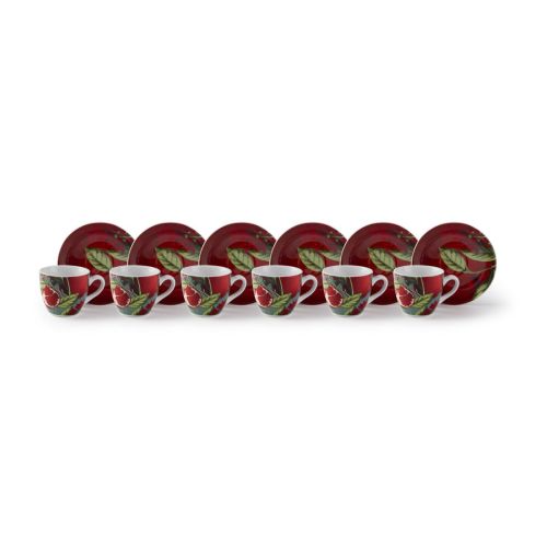 Set 6 tazzine con piattino, melograni, porcellana, 90 ml