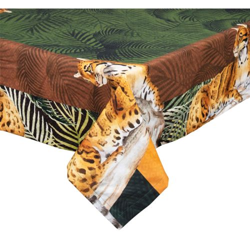 Tovaglia jungle, leopardi e felci, 100% cotone, 150x200 cm