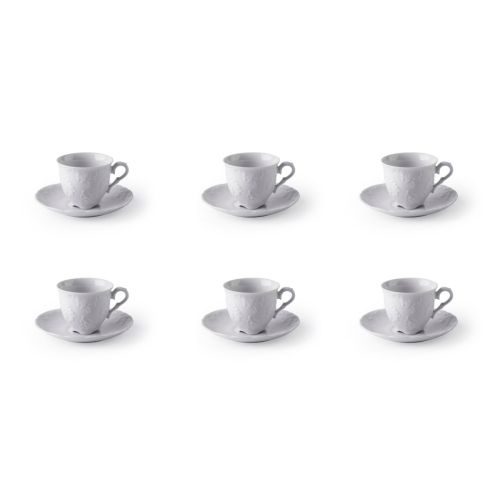 Set 6 tazzine con piattino, rococò, porcellana bianca, 80 ml