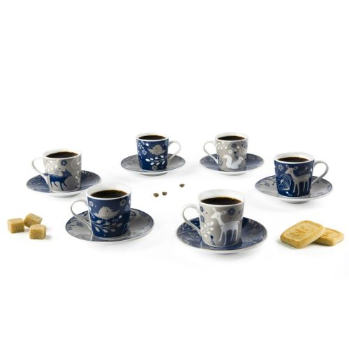 Set 6 tazzine con piattino, grigio/blu, porcellana, 90 ml