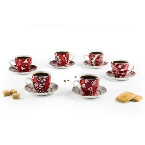 Set 6 tazzine con piattino, mandala rosso, porcellana, 90 ml