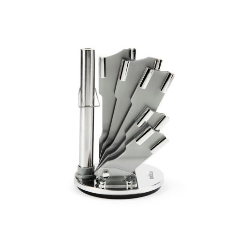 Ceppo con 5 coltelli, forbice, affilacoltelli, grigio