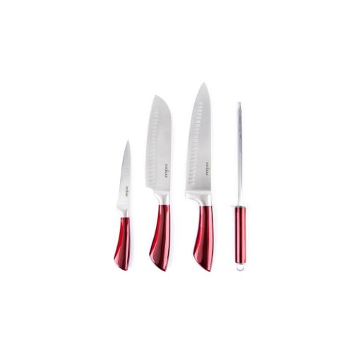 4 coltelli manico rosso, acciaio inox, con affilacoltelli