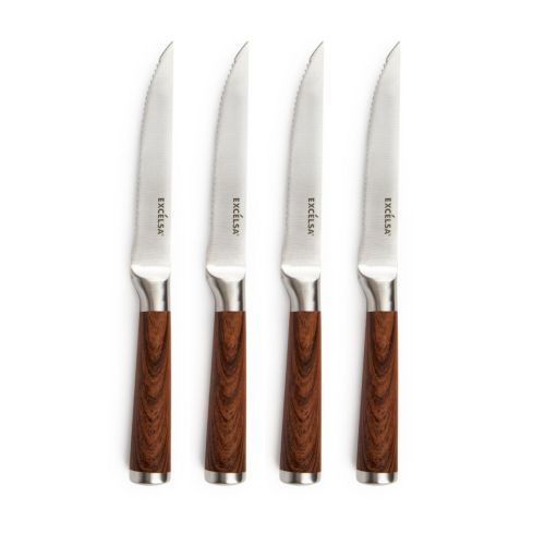 4 coltelli da bistecca, acciaio inox, effetto legno