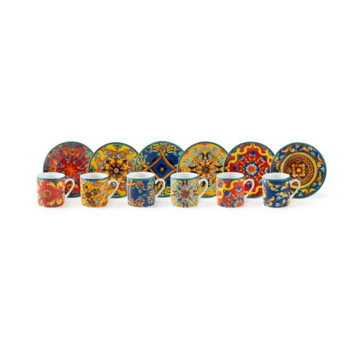 Set 6 tazzine con piattino, stile siciliano, porcellana