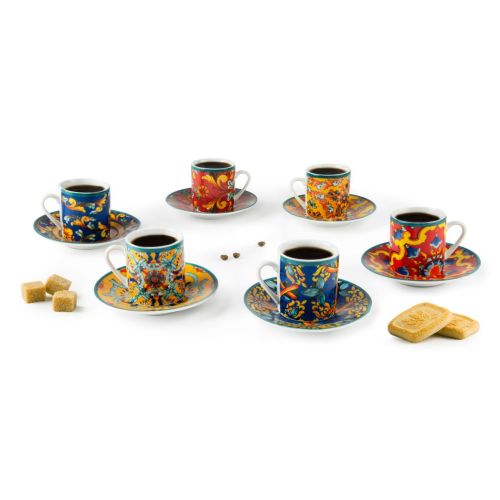 Set 6 tazzine con piattino, stile siciliano, porcellana