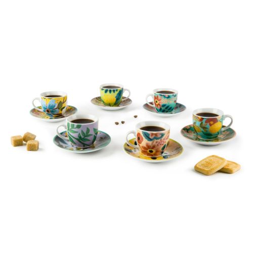 Set 6 tazzine con piattino, con fiori, porcellana, 90 ml