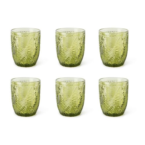 Bicchieri acqua, verde, vetro colorato in pasta, foglie