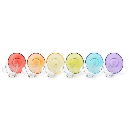 Set 6 tazzine con piattino, multicolore, vetro, 90 ml