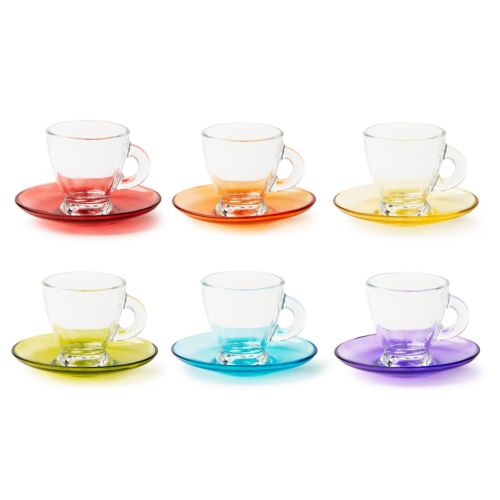 Set 6 tazzine con piattino, multicolore, vetro, 90 ml