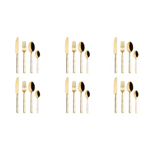 Posate, 24 pezzi, acciaio inox oro, manicatura effetto bambù