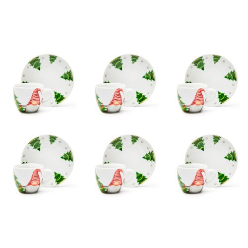 Set 6 tazzine con piattino, gnomo, porcellana, 90 ml