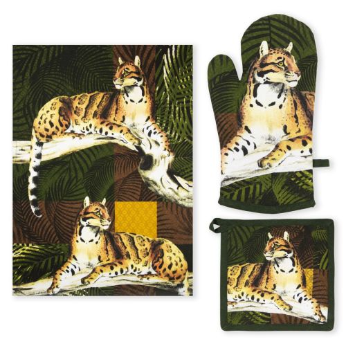 Canovaccio, presina e guanto forno, 100% cotone, leopardo