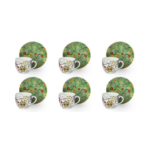 Set 6 tazzine con piattino, con teschi, porcellana, 90 ml