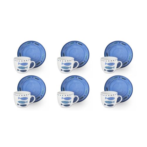 Set 6 tazzine con piattino, con pesci, porcellana, 90 ml