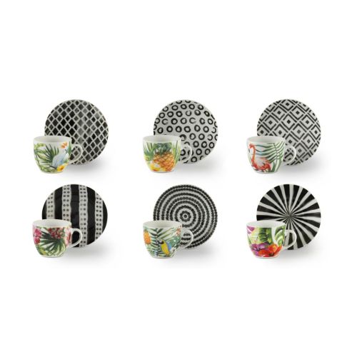 Set 6 tazzine con piattino, tropicale, porcellana, 90 ml