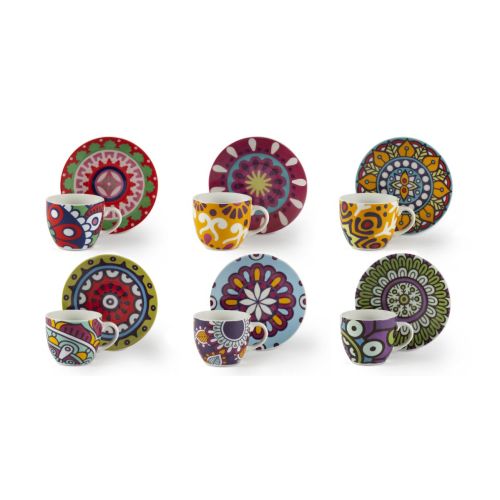 Set 6 tazzine con piattino, mandala, porcellana, 90 ml