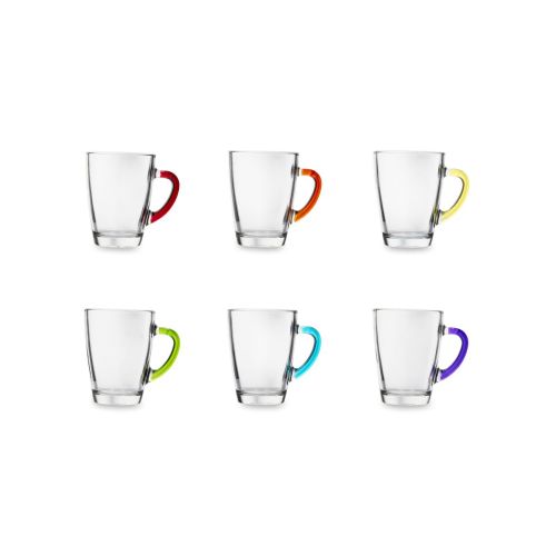 Mug, 6 pezzi, vetro trasparente, manico colorato