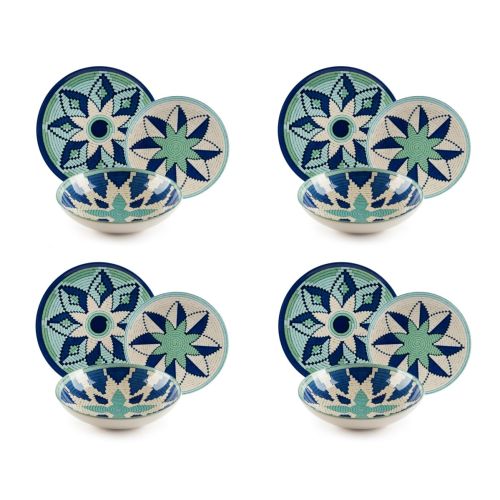 Servizio piatti, toni blu/azzurro, ceramica, 12 pezzi