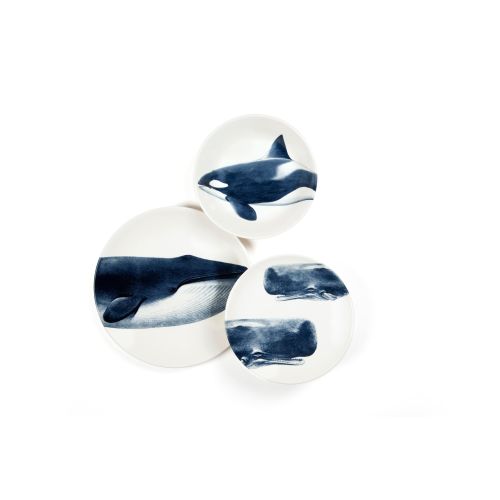 Servizio piatti, blu, cetacei, ceramica, 3 pezzi