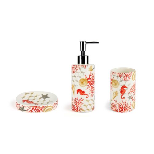 Accessori bagno in set, 3 pezzi, conchiglie e coralli