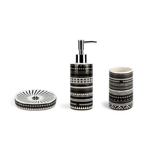 Accessori bagno in set, 3 pezzi, stile etnico, bianco, nero