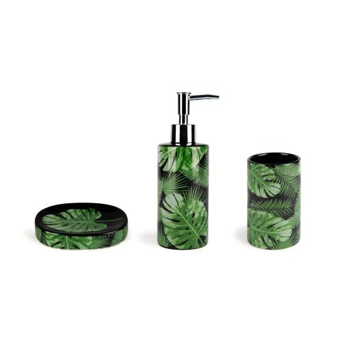 Accessori bagno in set, 3 pezzi, foglie e felci, verde