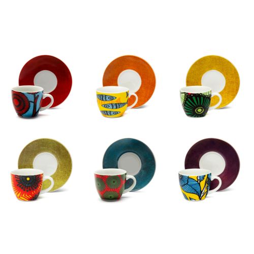 Set 6 tazzine con piattino, africane, porcellana, 90 ml