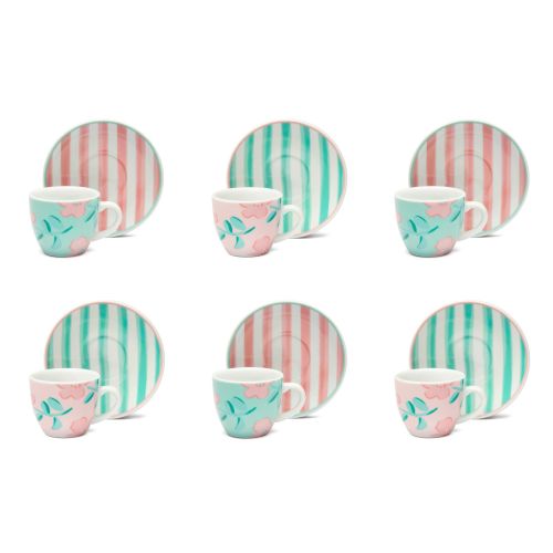 Set 6 tazzine con piattino, floreali, porcellana, 90 ml