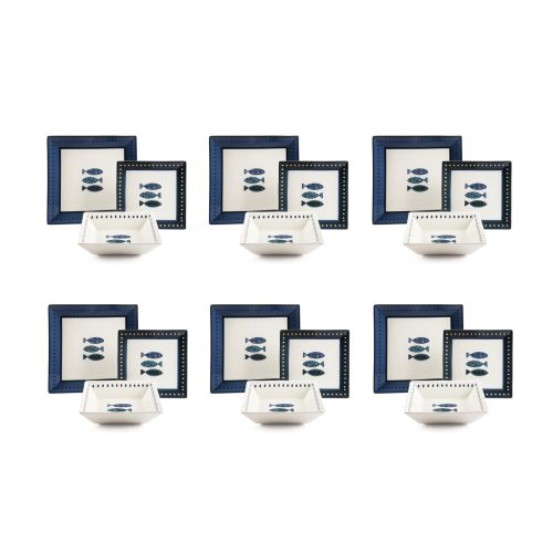 Servizio piatti, azzurro-blu, pesci, porcellana, quadrati
