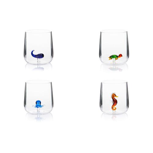 Bicchieri acqua, 4 pezzi, vetro con personaggio marino