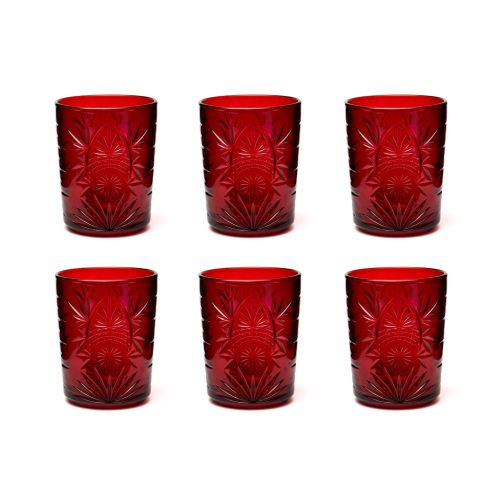 Bicchieri tumbler, con lavorazione, 6 pezzi, rosso scuro