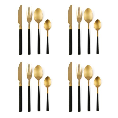 Posate, 16 pezzi, acciaio inox, oro/nero