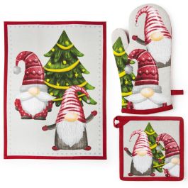 Set Natalizio In Cotone 100% – 1 Guanto Da Forno + 2 Presine Tonde 20x20 Cm, Fatto A Mano In Italia